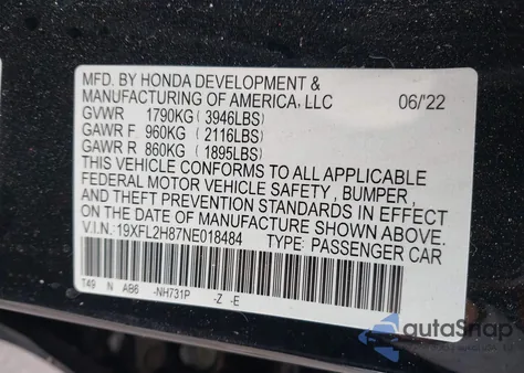 2022 Honda Civic Sport from USA, damaged, VIN 19XFL2H87NE018484